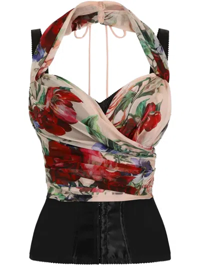 Dolce & Gabbana Flower Print Marquisette And Chiffon Bustier Top