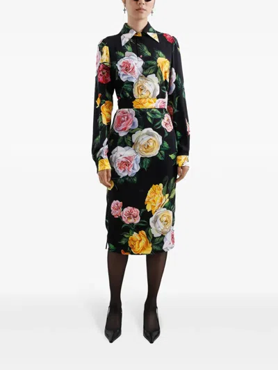 Dolce & Gabbana Peony And Rose Print Charmeuse Longuette Skirt In Multi