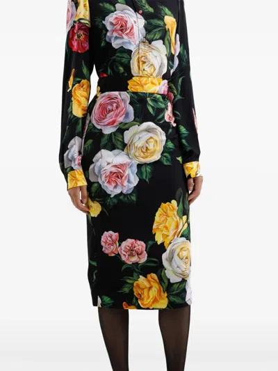 Dolce & Gabbana Peony And Rose Print Charmeuse Longuette Skirt In Multi