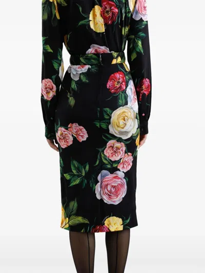 Dolce & Gabbana Peony And Rose Print Charmeuse Longuette Skirt In Multi