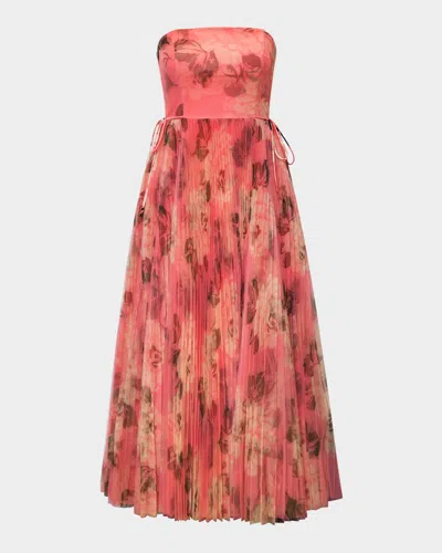 Hutch Costella Strapless Pleated Floral Tulle Midi Dress In Pink Blush