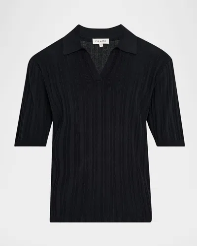 Frame Striped Silk And Cotton-blend Polo Shirt In Black