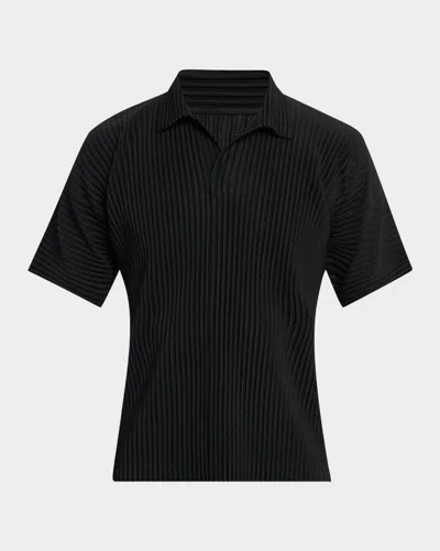 Issey Miyake Pleated Black Polo Shirt With Boxy Silhouette In Blue