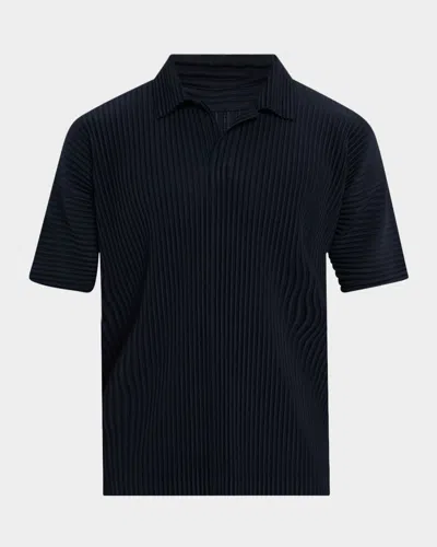 Issey Miyake Pleated Black Polo Shirt With Boxy Silhouette In Blue