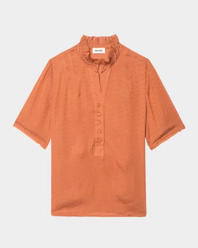 Zadig & Voltaire Womens Sienna Short-sleeved Frill-collar Satin Shirt In Brown