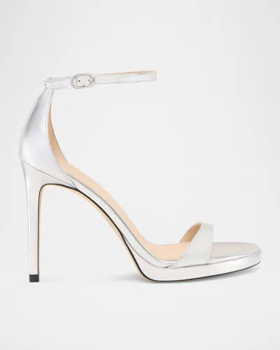 Stuart Weitzman Nudist Metallic Ankle-wrap Platform Sandals In Silver