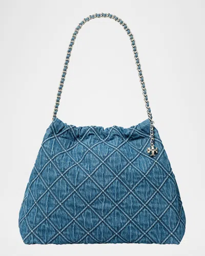 Tory Burch Fleming Soft Quilted Denim Hobo Bag