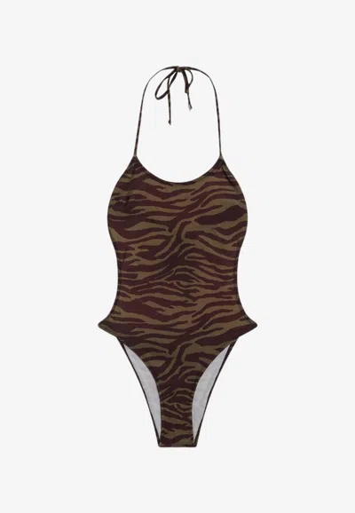 Attico Green Swimsuit With Halterneck With Tie And All-over Print In Tech Fabric Stretch Woman In Brown