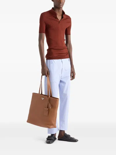 Prada Ribbed Knit Cotton Polo Shirt In Brown