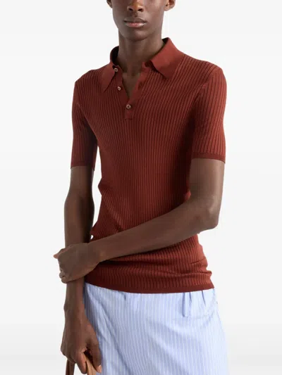 Prada Ribbed Knit Cotton Polo Shirt In Brown