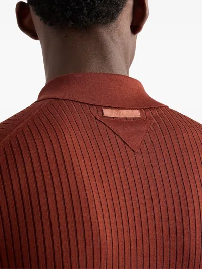 Prada Ribbed Knit Cotton Polo Shirt In Brown