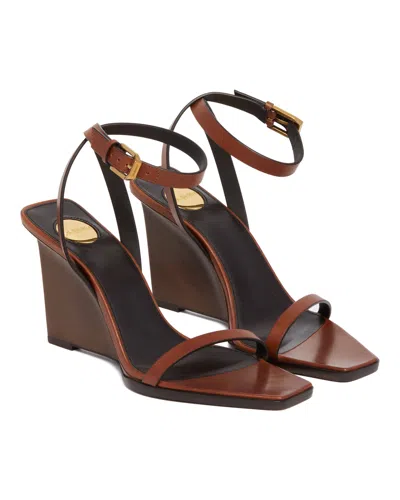 Saint Laurent 90mm May Leather Ankle-strap Wedge Sandals In Multi