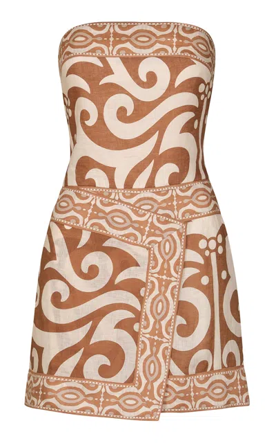 Johanna Ortiz Raiz Ritual Strapless Printed Linen Mini Dress In Brown