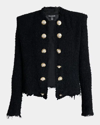 Balmain Two-tone Button Tweed Spencer Jacket In Black