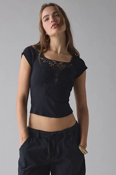 Kimchi Blue Leandra Lace-trim Cotton Baby Tee In Black, Women's At Urban Outfitters In Black