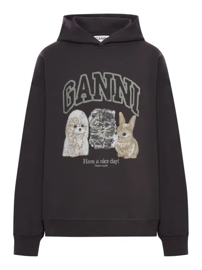 Ganni Oversize Cotton Sweatshirt With Hood And Graphic Print