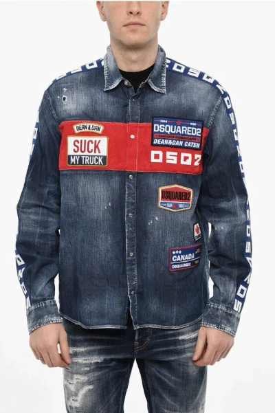 Dsquared2 Denim Overshirt With Patches In Blue