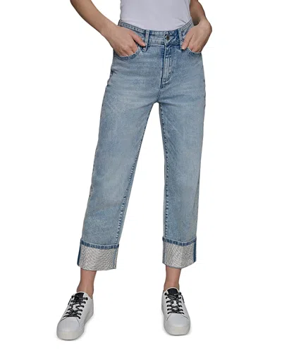 Karl Lagerfeld Womens Cotton Crop Paris Scene Button Front Top High Rise Embellished Jeans In Blue