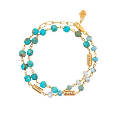 Karma And Luck Soothing Abundance Turquoise Larimar Mantra Wrap Bracelet