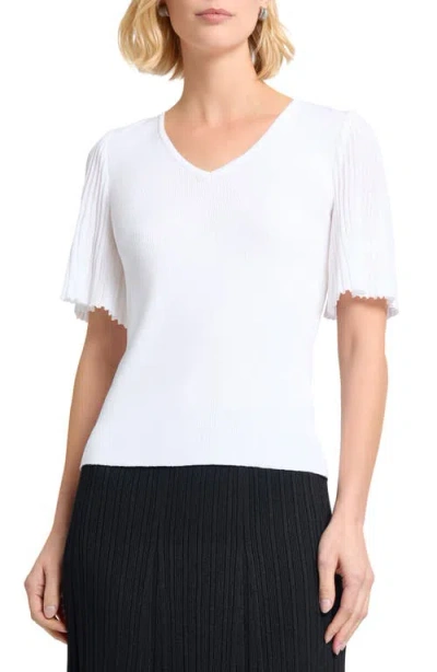 Misook Pleated Flutter-sleeve Rib Knit Tunic In White