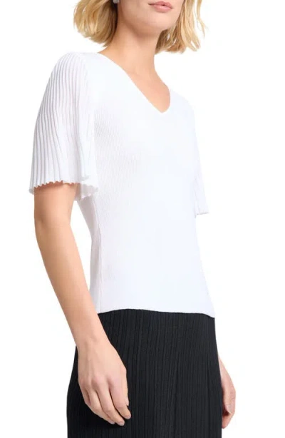 Misook Pleated Flutter-sleeve Rib Knit Tunic In White