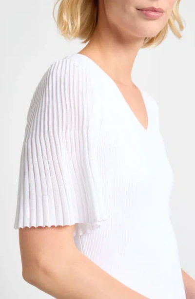 Misook Pleated Flutter-sleeve Rib Knit Tunic In White