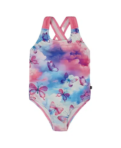 Deux Par Deux Girl's Printed One-piece Swimsuit Butterflies On Multicolored Background