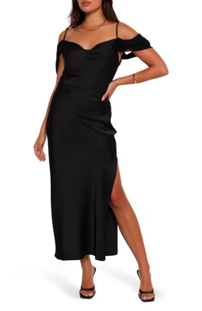 Petal And Pup Petal & Pup Reyna Off The Shoulder Satin Maxi Dress In Black