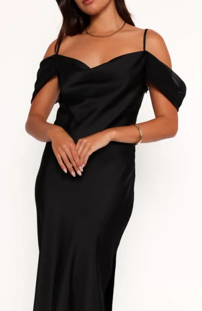 Petal And Pup Petal & Pup Reyna Off The Shoulder Satin Maxi Dress In Black