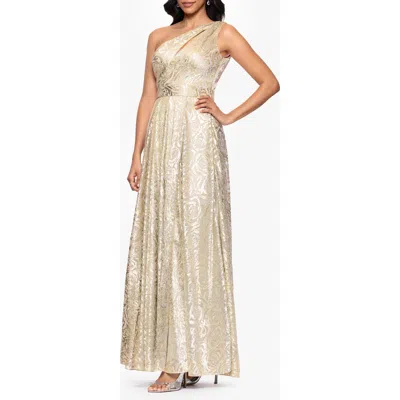 Betsy & Adam One-shoulder Foil Flower Gown In Neutral