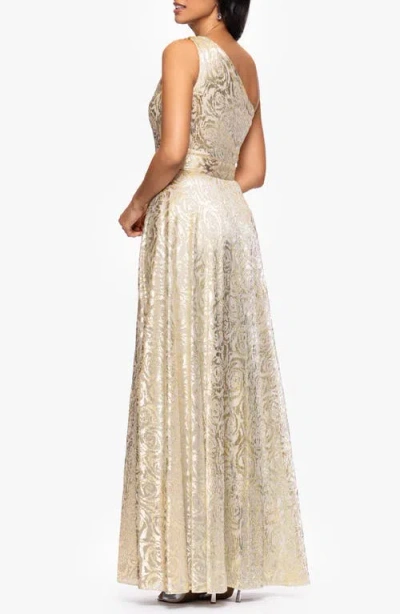 Betsy & Adam One-shoulder Foil Flower Gown In Neutral