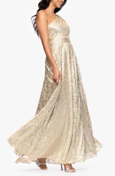 Betsy & Adam One-shoulder Foil Flower Gown In Neutral