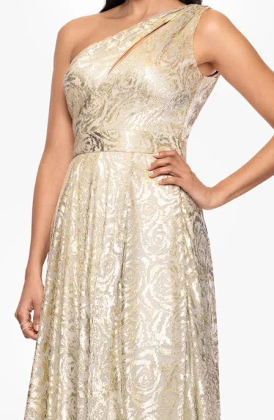 Betsy & Adam One-shoulder Foil Flower Gown In Neutral
