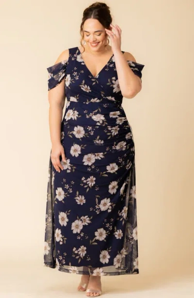 Kiyonna Seraphina Cold Shoulder Mesh Gown In Blue