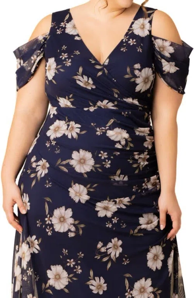 Kiyonna Seraphina Cold Shoulder Mesh Gown In Blue