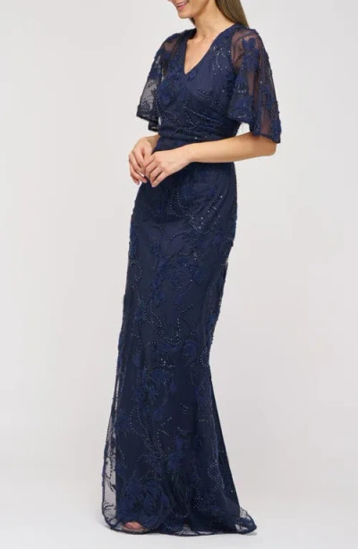 Js Collections Alex Embellished Flutter Sleeve Gown