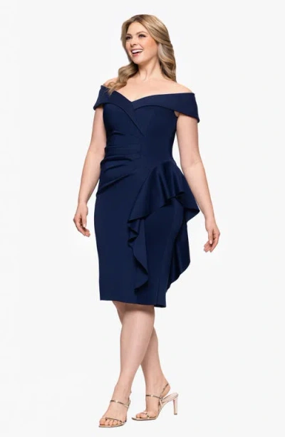 Xscape Evenings Ruffle Boat Neck Scuba Cocktail Dress