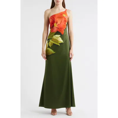 Vince Camuto Placed Print One-shoulder Satin Gown