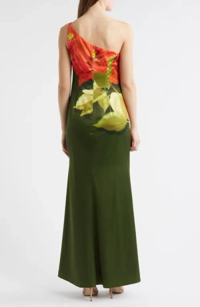 Vince Camuto Placed Print One-shoulder Satin Gown