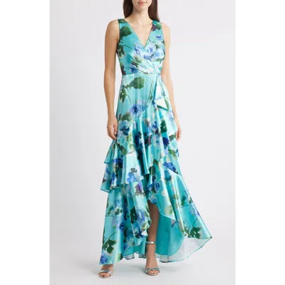 Eliza J Women's Floral-print Satin Wrap-style Gown In Blue