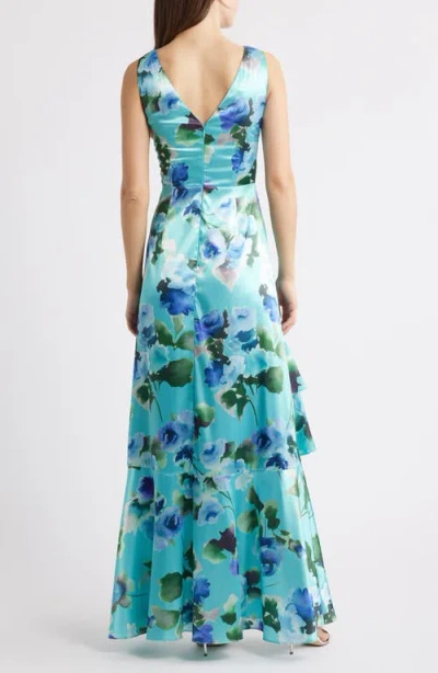 Eliza J Women's Floral-print Satin Wrap-style Gown In Blue
