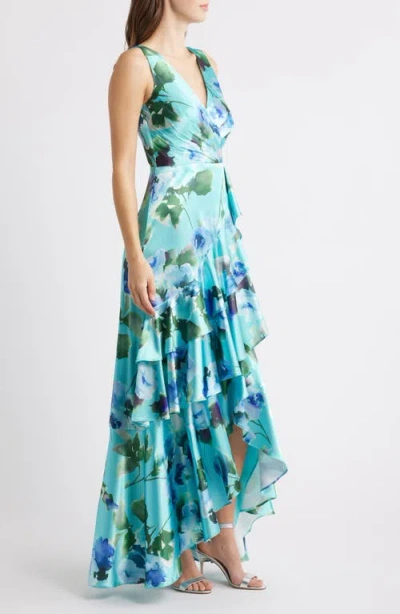 Eliza J Women's Floral-print Satin Wrap-style Gown In Blue