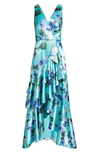 Eliza J Women's Floral-print Satin Wrap-style Gown In Blue