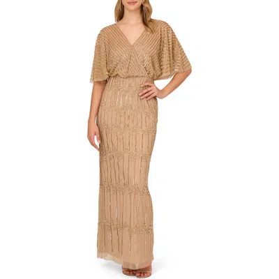 Adrianna Papell Champagne Gold Beaded Surplice Gown