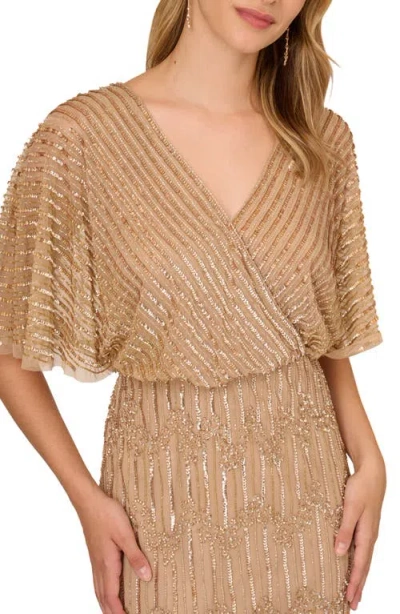 Adrianna Papell Champagne Gold Beaded Surplice Gown