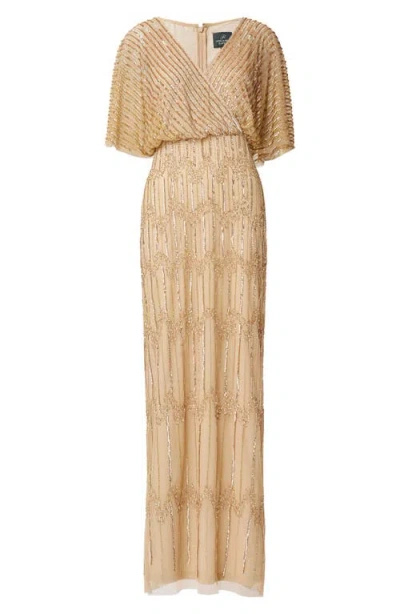 Adrianna Papell Champagne Gold Beaded Surplice Gown