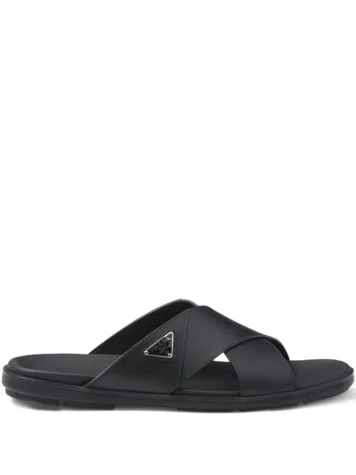 Prada Triangle Logo Criss-cross Sandals In Black