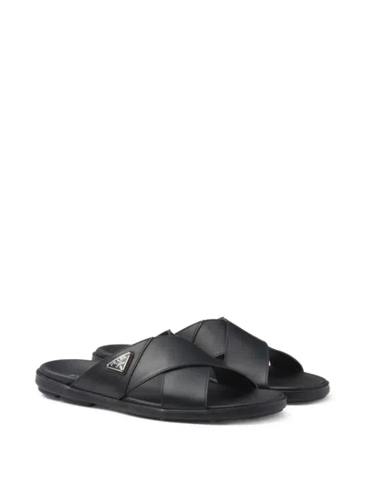 Prada Triangle Logo Criss-cross Sandals In Black