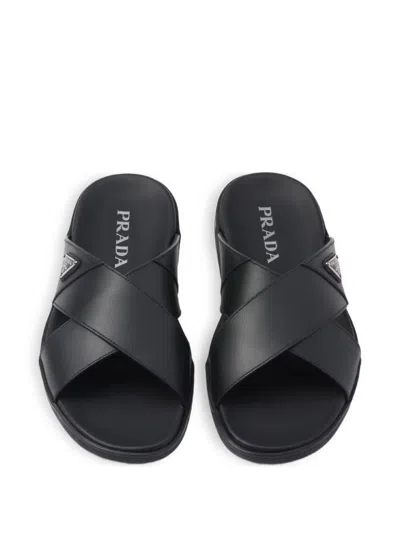 Prada Triangle Logo Criss-cross Sandals In Black