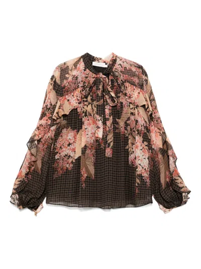 Zimmermann Womens Black Floral Illuminate Flutter Floral-print Sheer Blouse In Brown